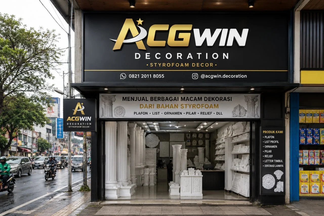 Rak studio ACGWIN berisi vas keramik, hiasan anyaman, dan lukisan handmade