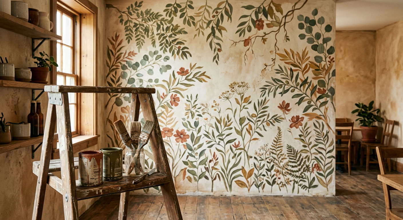 Mural botani hasil lukis tangan tim ACGWIN di dinding kafe